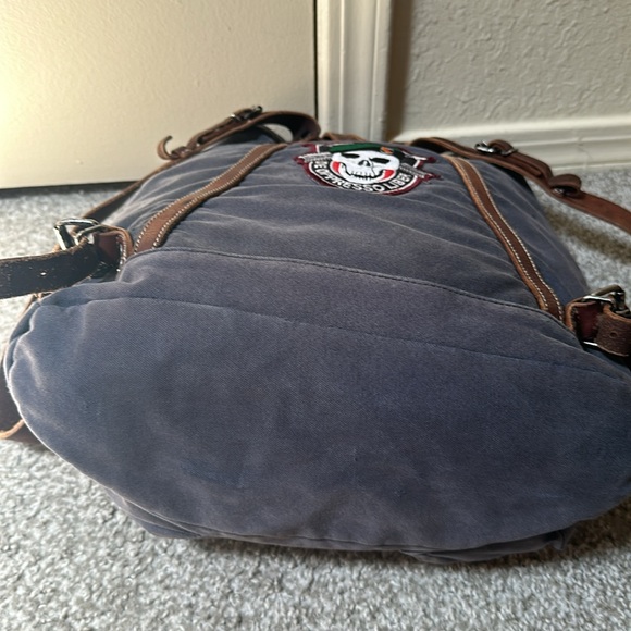 Polo Ralph Lauren RL Co Blue Canvas Brown Leather Backpack with Patches AS IS - Picture 10 of 16